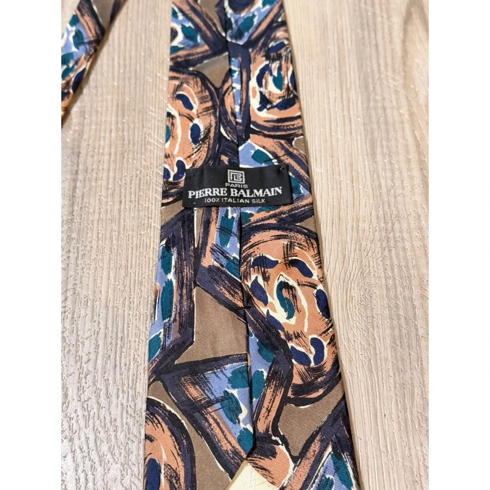 Vintage Pierre Balmain Silk Tie Brown Blue Geometric Abstract 60s Italian Silk